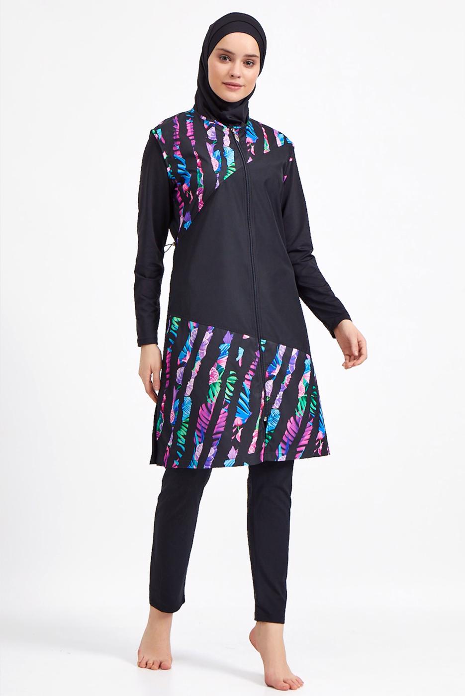 Vêtements hijab NOIR MAILLOT DE BAIN HIJAB MOTIF DÉTAIL ZIPPÉ 1490