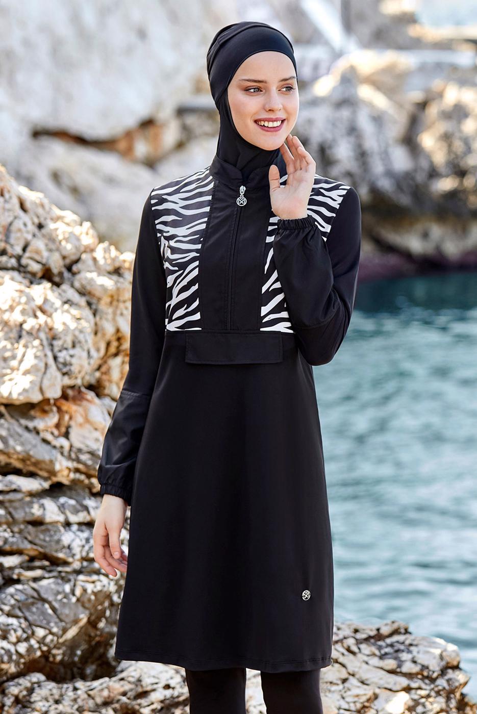 Vêtements hijab NOIR MAILLOT DE BAIN HIJAB DÉTAIL MOTIF ZÈBRE 2250