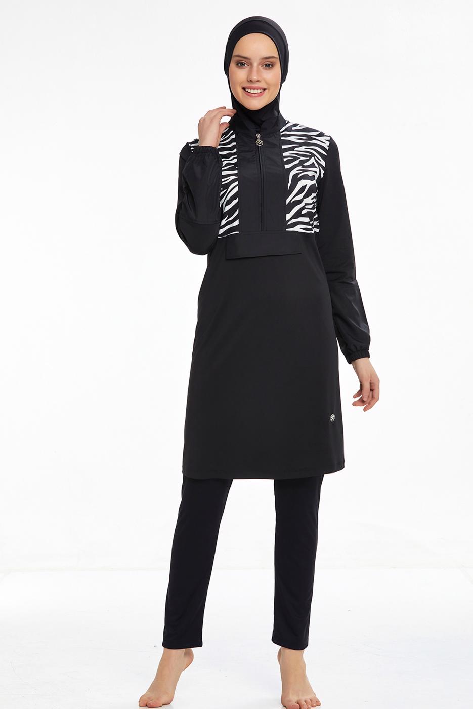 Vêtements hijab NOIR MAILLOT DE BAIN HIJAB DÉTAIL MOTIF ZÈBRE 2250