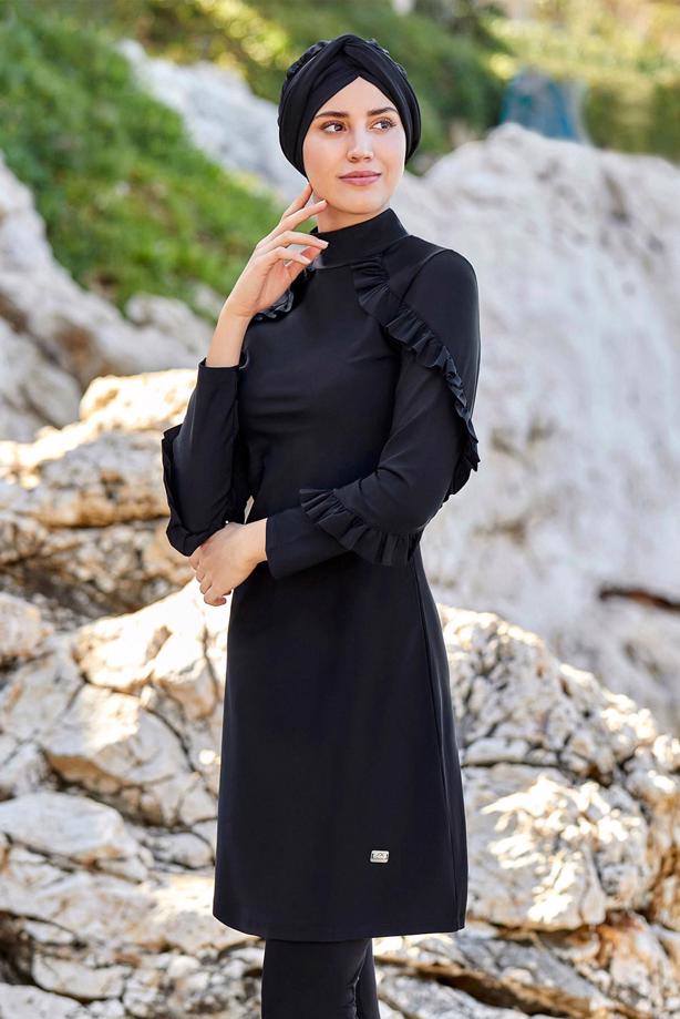 Vêtements hijab NOIR MAILLOT DE BAIN HIJAB DÉTAIL VOLANTS 4014 - TRENDTESETTÜR