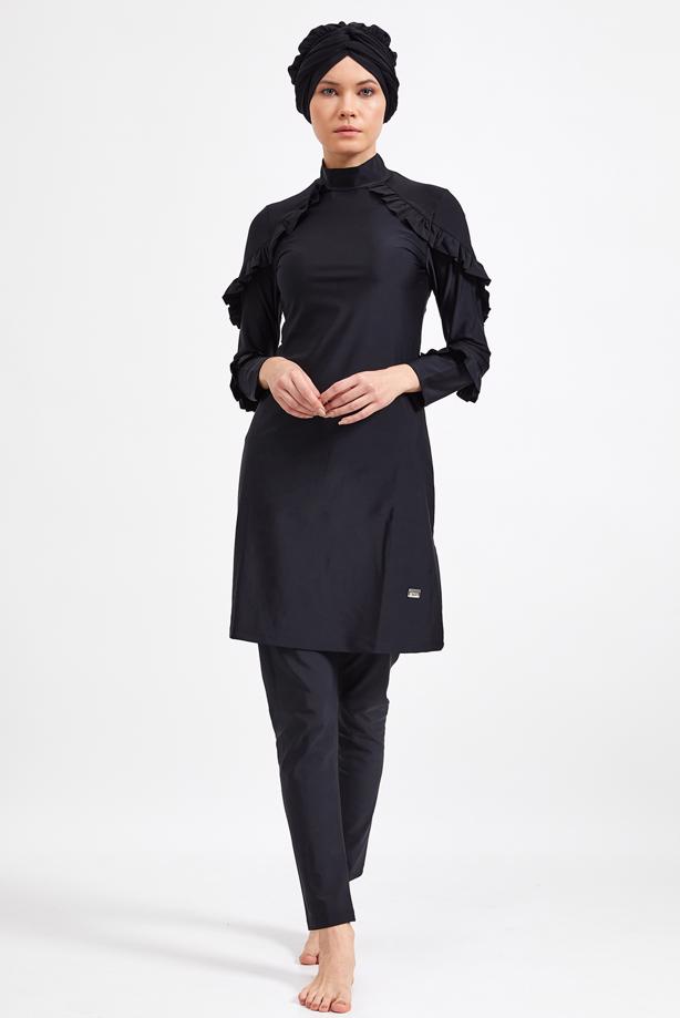 Vêtements hijab NOIR MAILLOT DE BAIN HIJAB DÉTAIL VOLANTS 4014 - TRENDTESETTÜR