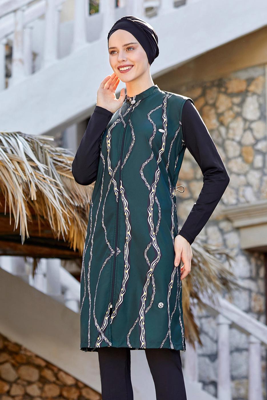 Tesettür giyim SİYAH BELDEN BÜZGÜLÜ DESENLİ TESETTÜR MAYO 4050 