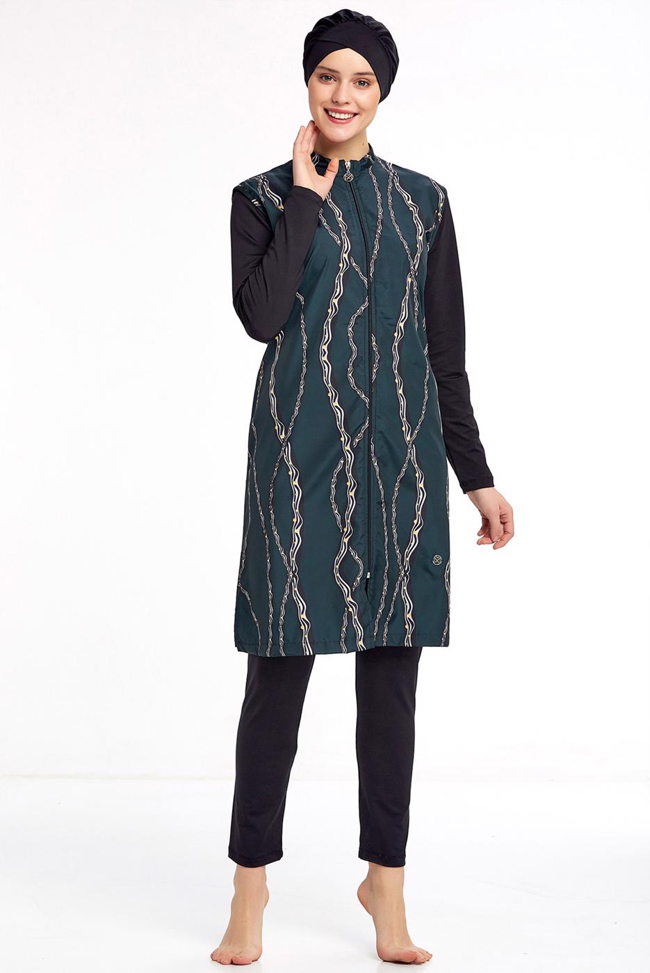 Tesettür giyim SİYAH BELDEN BÜZGÜLÜ DESENLİ TESETTÜR MAYO 4050 