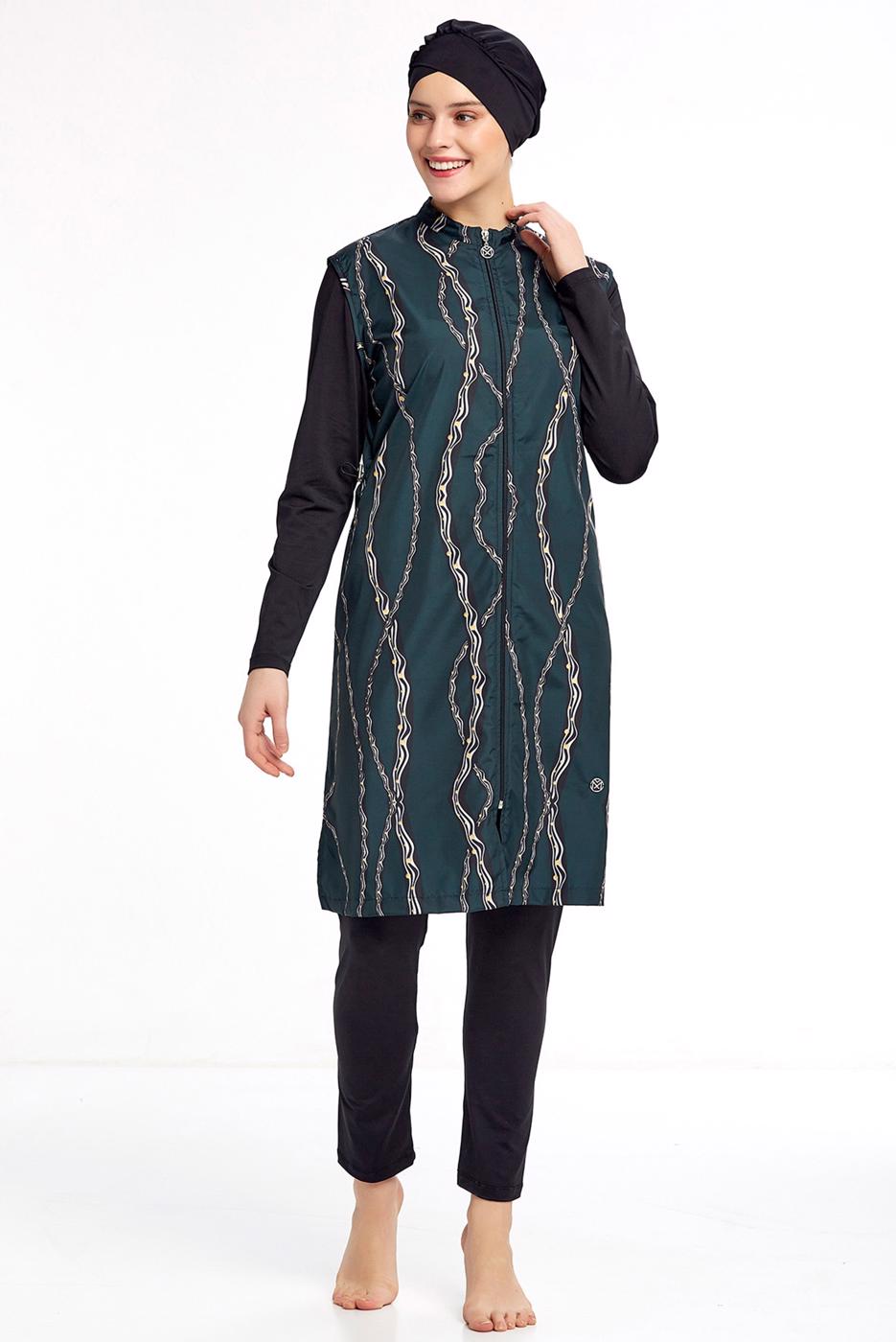 Tesettür giyim SİYAH BELDEN BÜZGÜLÜ DESENLİ TESETTÜR MAYO 4050 