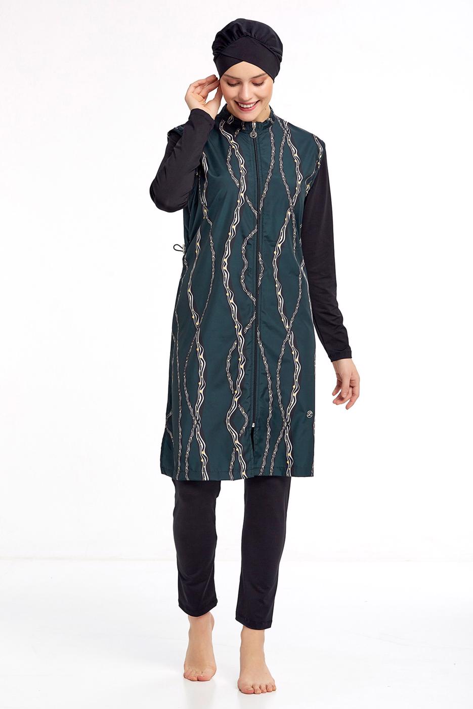 Tesettür giyim SİYAH BELDEN BÜZGÜLÜ DESENLİ TESETTÜR MAYO 4050 