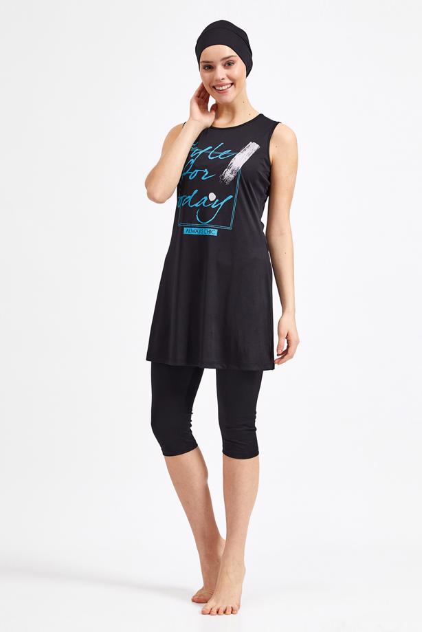 Vêtements hijab NOIR MAILLOT DE BAIN HIJAB IMPRIMÉ SLOGAN 4590 - TRENDTESETTÜR