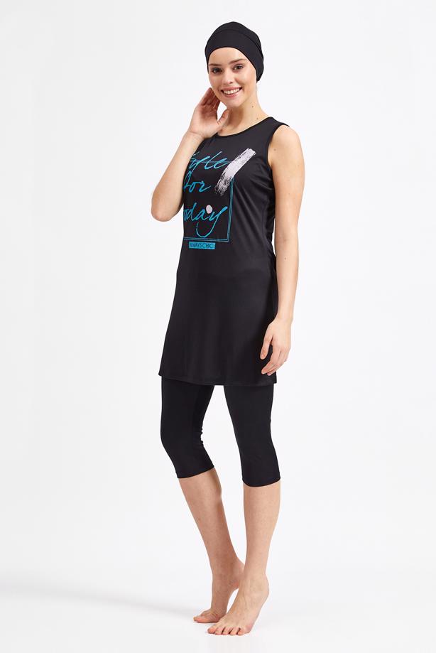 Vêtements hijab NOIR MAILLOT DE BAIN HIJAB IMPRIMÉ SLOGAN 4590 - TRENDTESETTÜR