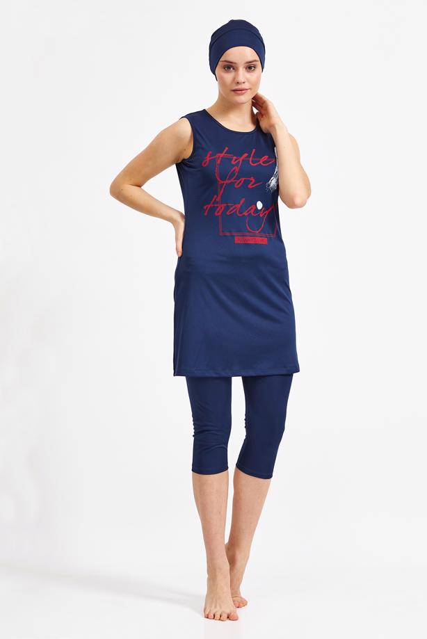 Vêtements hijab BLEU MARINE MAILLOT DE BAIN HIJAB IMPRIMÉ SLOGAN 4590 - TRENDTESETTÜR
