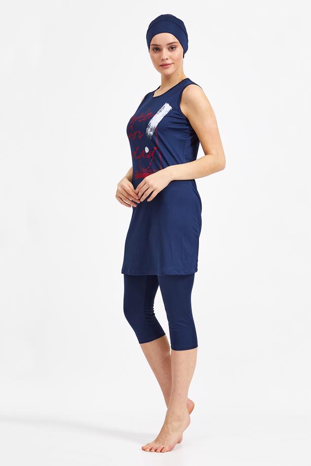 Vêtements hijab BLEU MARINE MAILLOT DE BAIN HIJAB IMPRIMÉ SLOGAN 4590 - TRENDTESETTÜR