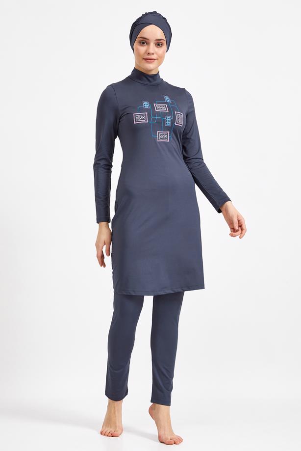 Vêtements hijab GRIS MAILLOT DE BAIN HIJAB BRODÉ 7150 - TRENDTESETTÜR