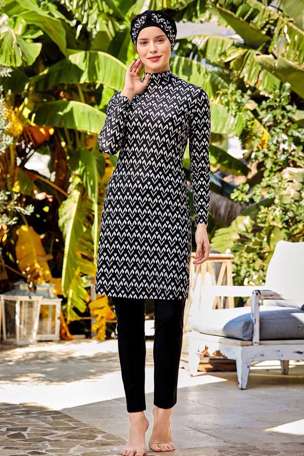 Vêtements hijab NOIR MAILLOT DE BAIN À MOTIF HIJAB 9050 - TRENDTESETTÜR