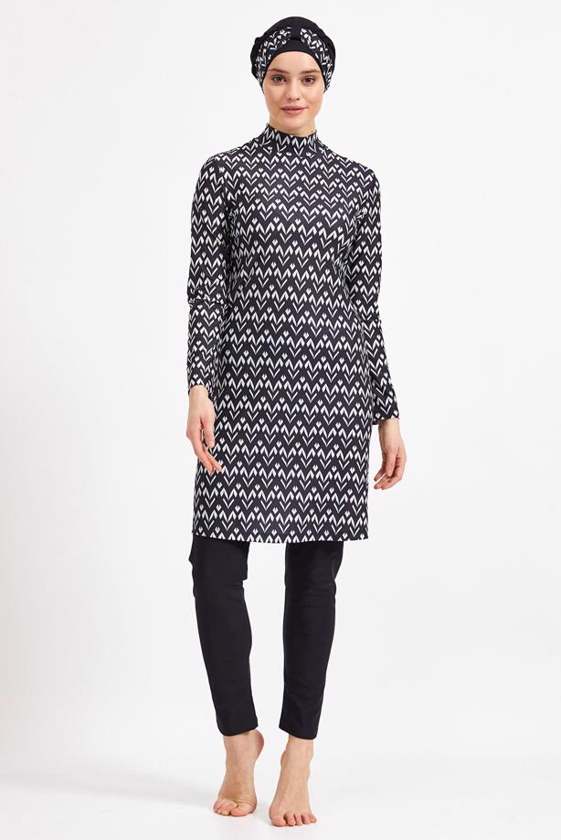 Vêtements hijab NOIR MAILLOT DE BAIN À MOTIF HIJAB 9050 - TRENDTESETTÜR