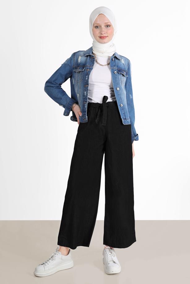 Tesettür giyim SİYAH GENİŞ PAÇA DENİM PANTOLON T 0205  - TRENDTESETTÜR