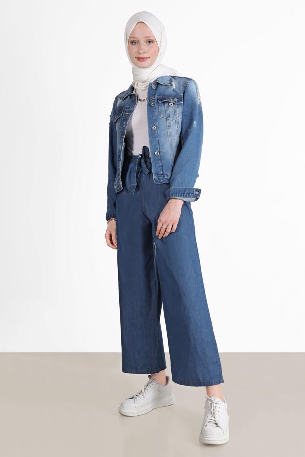 Tesettür giyim MAVİ GENİŞ PAÇA DENİM PANTOLON T 0205  - TRENDTESETTÜR