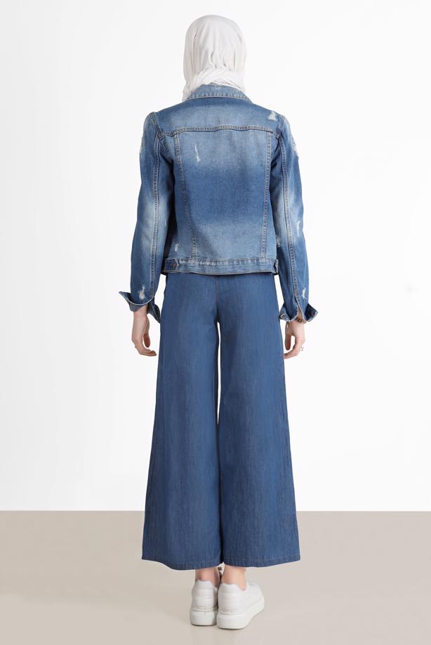 Tesettür giyim MAVİ GENİŞ PAÇA DENİM PANTOLON T 0205  - TRENDTESETTÜR