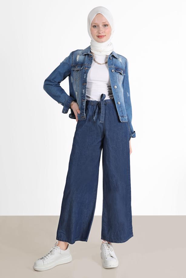 Tesettür giyim LACİVERT GENİŞ PAÇA DENİM PANTOLON T 0205  - TRENDTESETTÜR