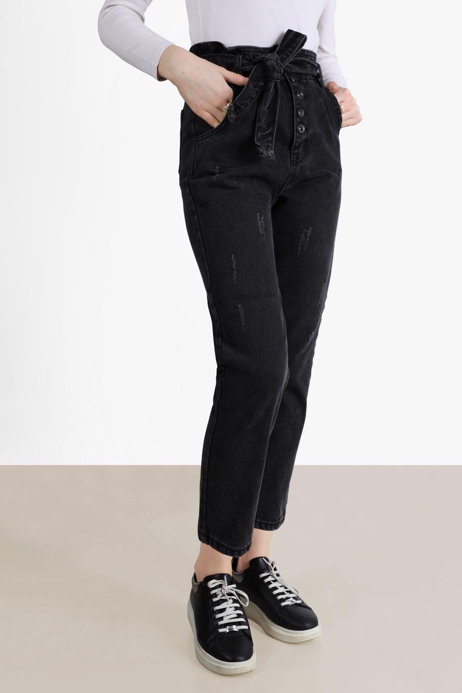 Tesettür giyim SİYAH PAPERBAG DENIM PANTOLON 214  