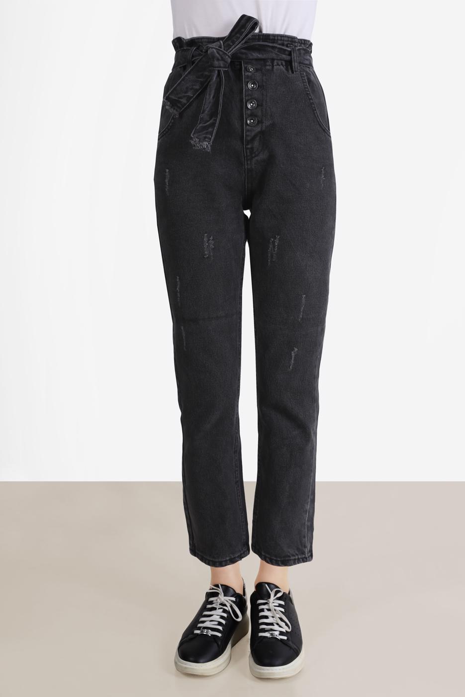 Tesettür giyim GRİ PAPERBAG DENIM PANTOLON 214  