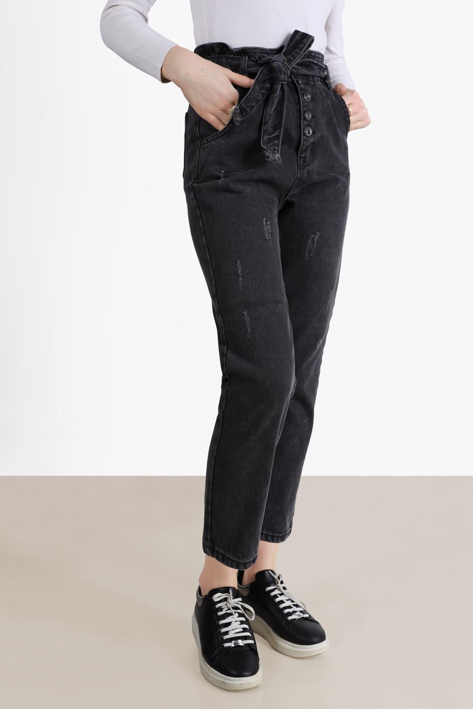 Tesettür giyim GRİ PAPERBAG DENIM PANTOLON 214  