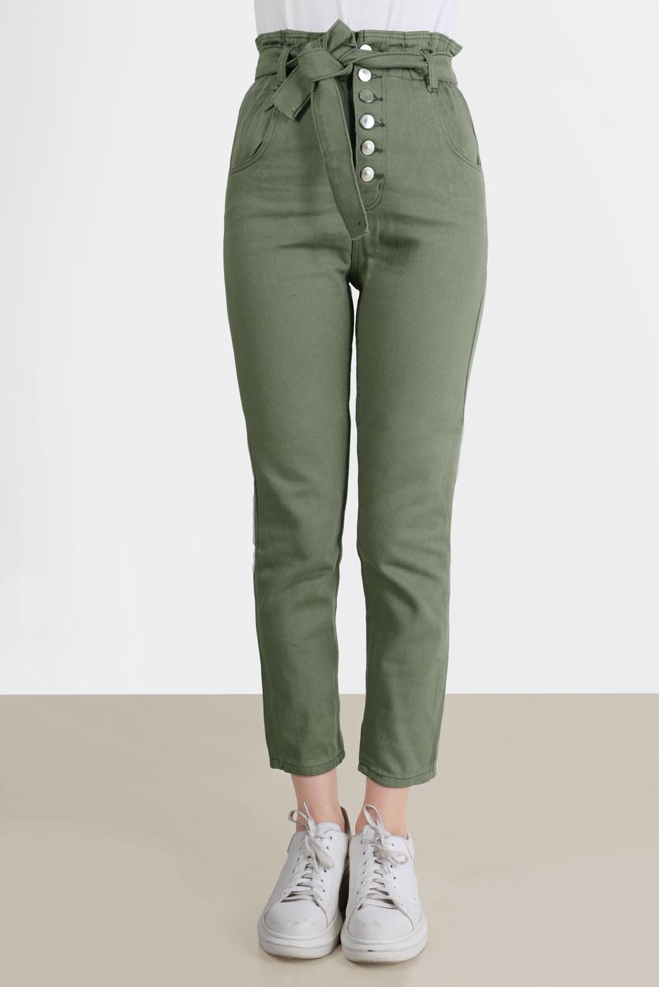 Tesettür giyim HAKİ PAPERBAG DENIM PANTOLON 214  