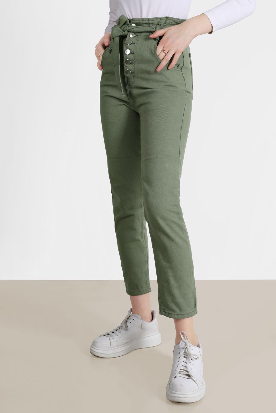 Tesettür giyim HAKİ PAPERBAG DENIM PANTOLON 214  