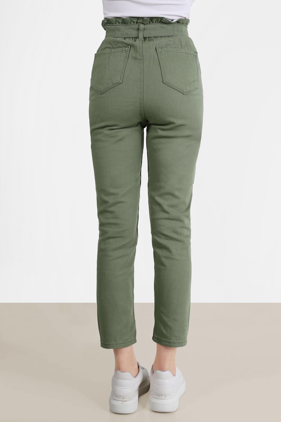 Tesettür giyim HAKİ PAPERBAG DENIM PANTOLON 214  