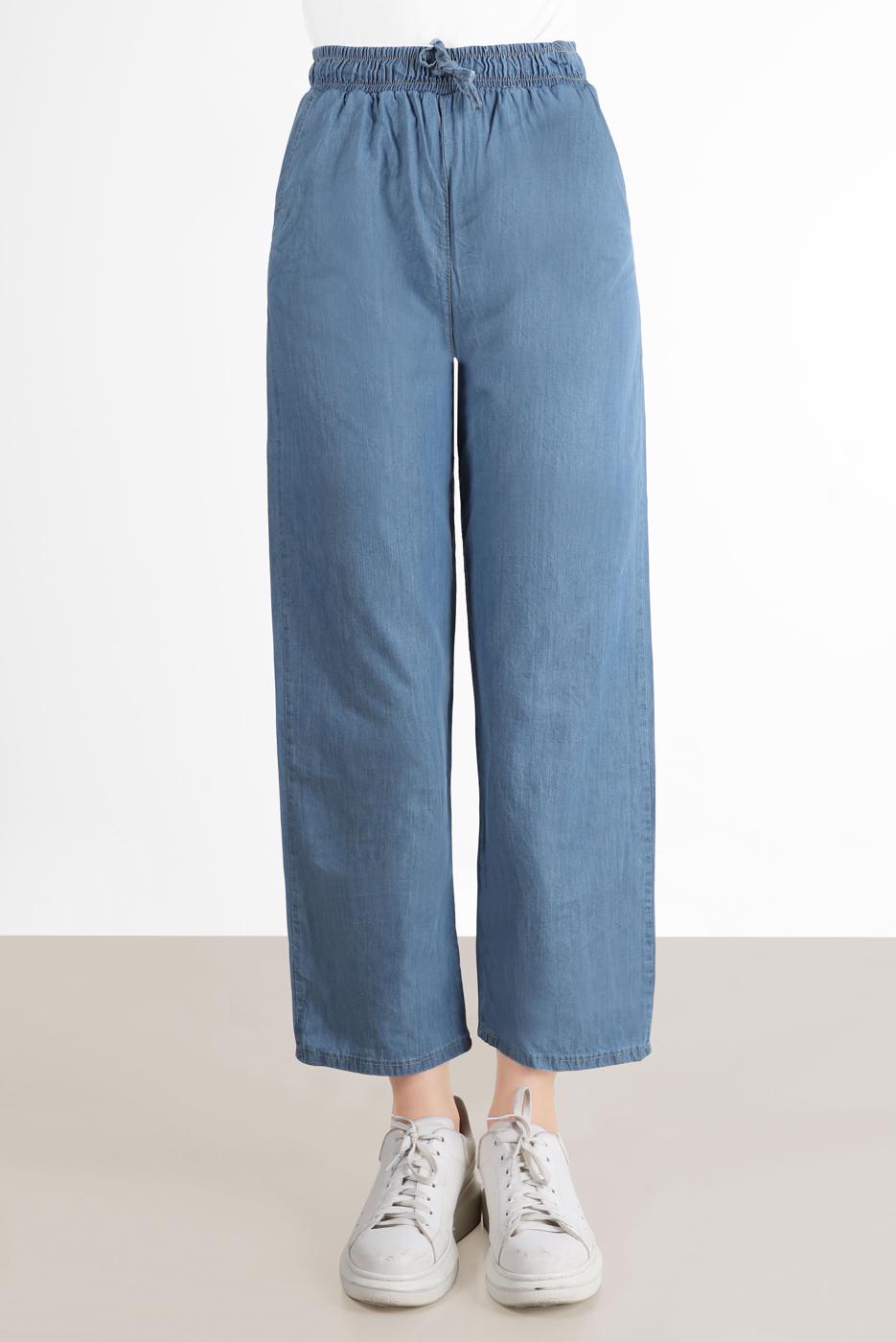Tesettür giyim MAVİ BELİ LASTİKLİ GENİŞ PAÇA DENIM PANTOLON 2305 