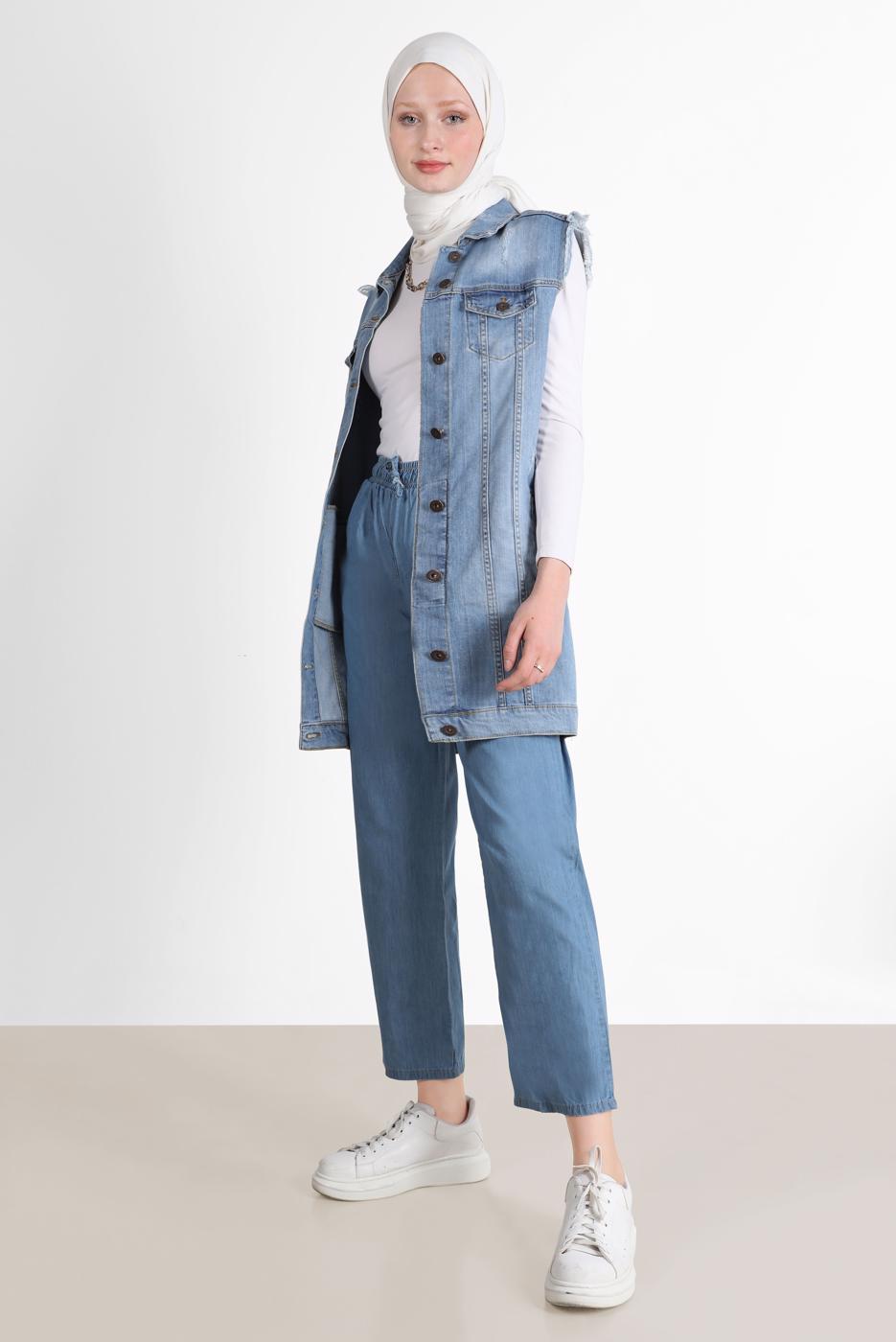 Tesettür giyim MAVİ BELİ LASTİKLİ GENİŞ PAÇA DENIM PANTOLON 2305 