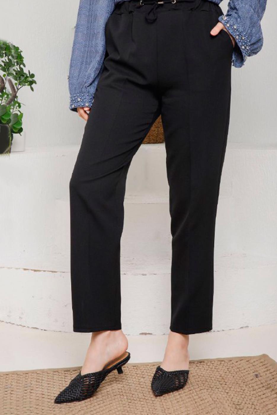 Tesettür giyim SİYAH BELİ LASTİKLİ KUMAŞ PANTOLON 4114  