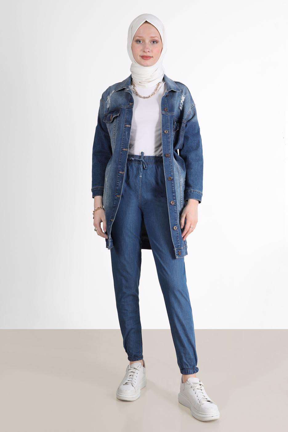 Tesettür giyim MAVİ PAÇASI LASTİKLİ DENIM PANTOLON 4305 