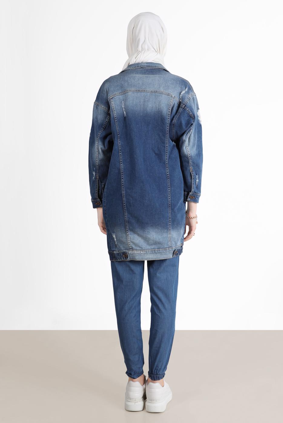 Tesettür giyim MAVİ PAÇASI LASTİKLİ DENIM PANTOLON 4305 