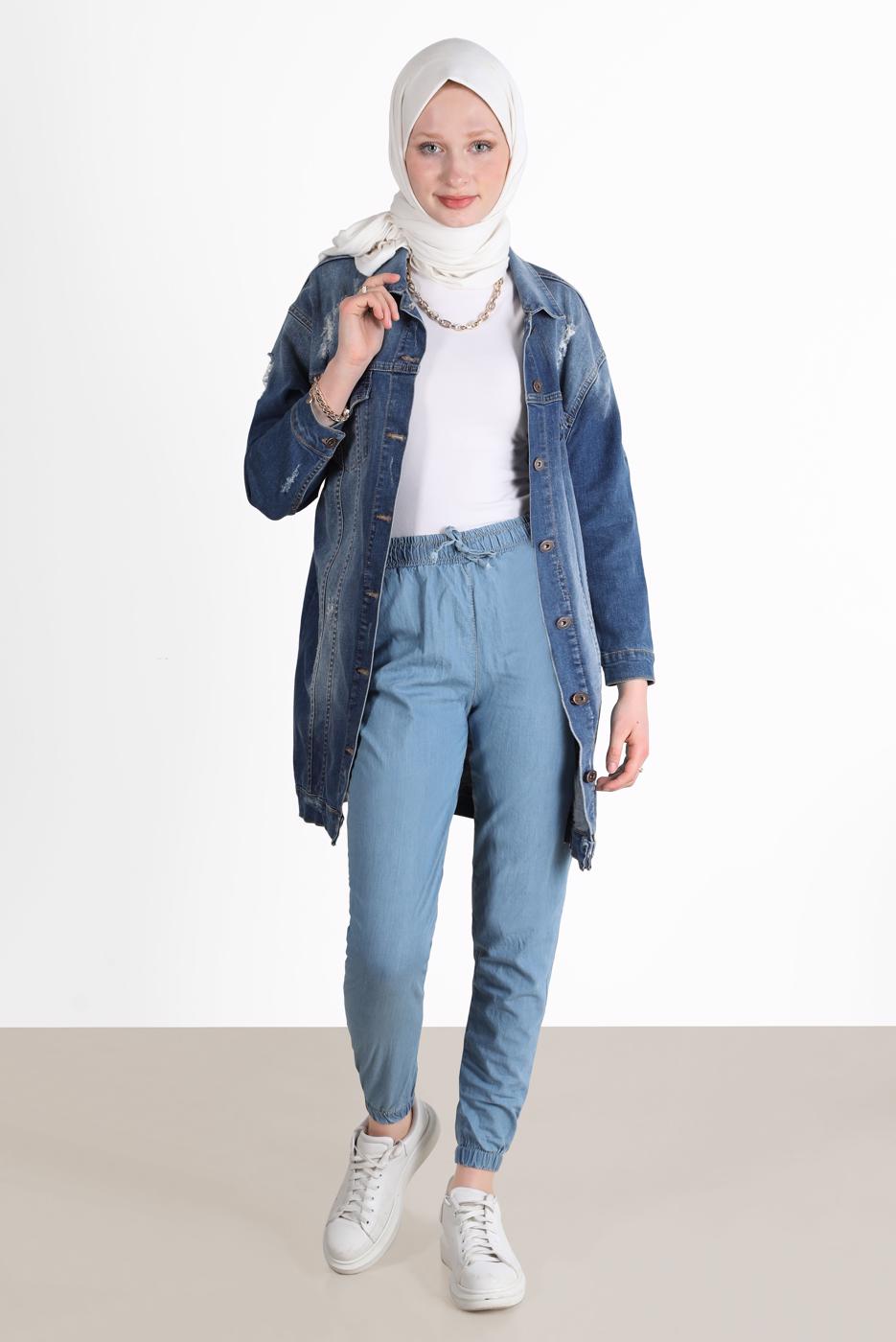 Tesettür giyim MAVİ PAÇASI LASTİKLİ DENIM PANTOLON 4305 