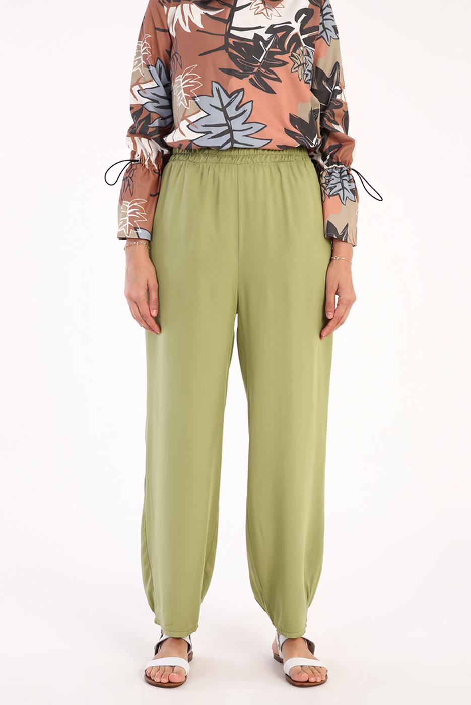 Tesettür giyim YEŞİL BELİ LASTİKLİ BOL PAÇA PANTOLON 46007 