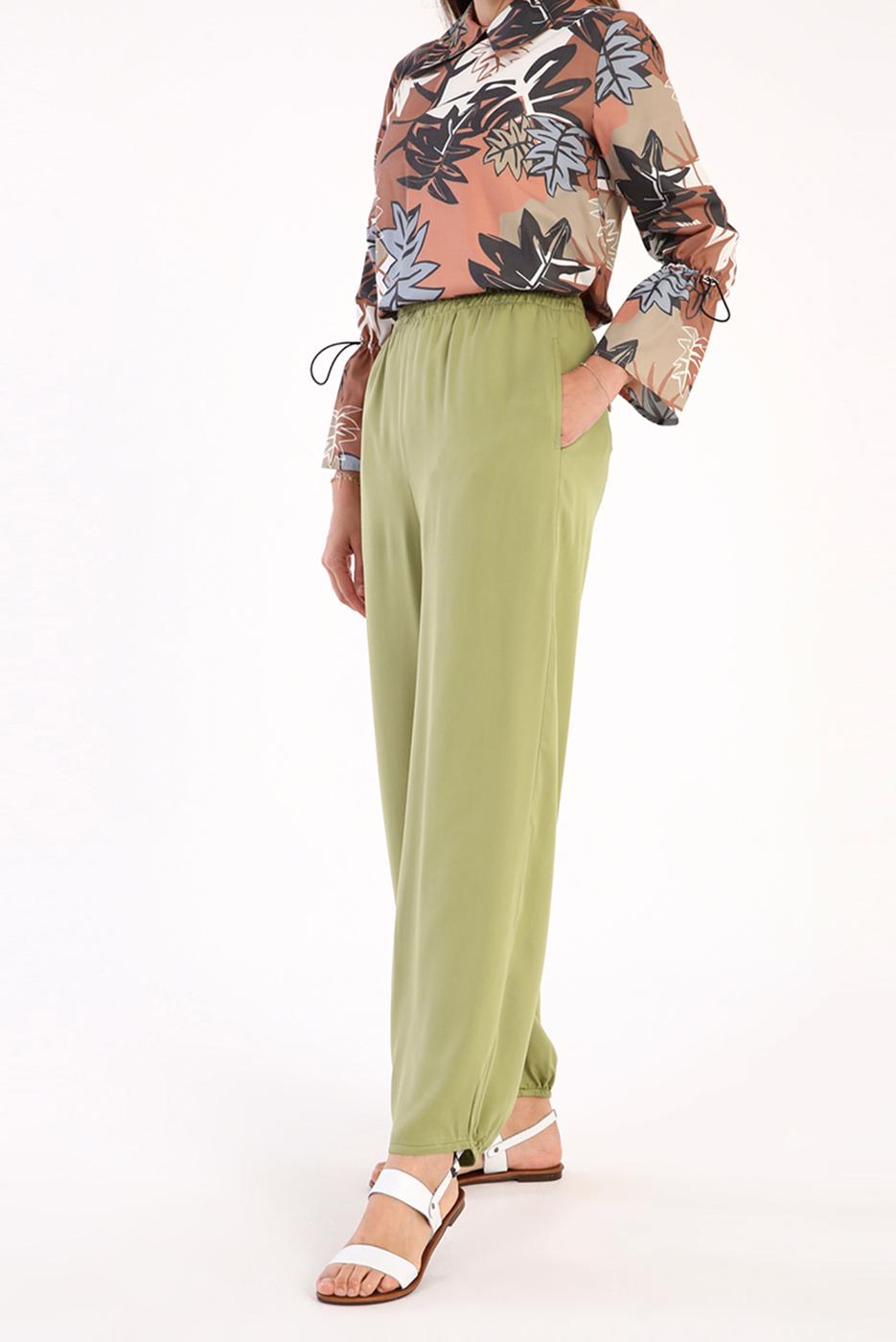 Tesettür giyim YEŞİL BELİ LASTİKLİ BOL PAÇA PANTOLON 46007 