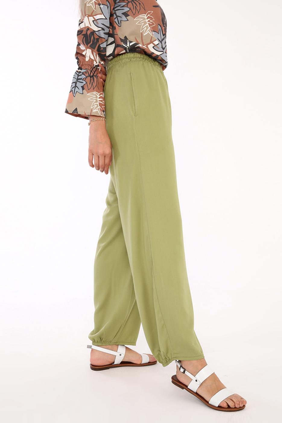 Tesettür giyim YEŞİL BELİ LASTİKLİ BOL PAÇA PANTOLON 46007 