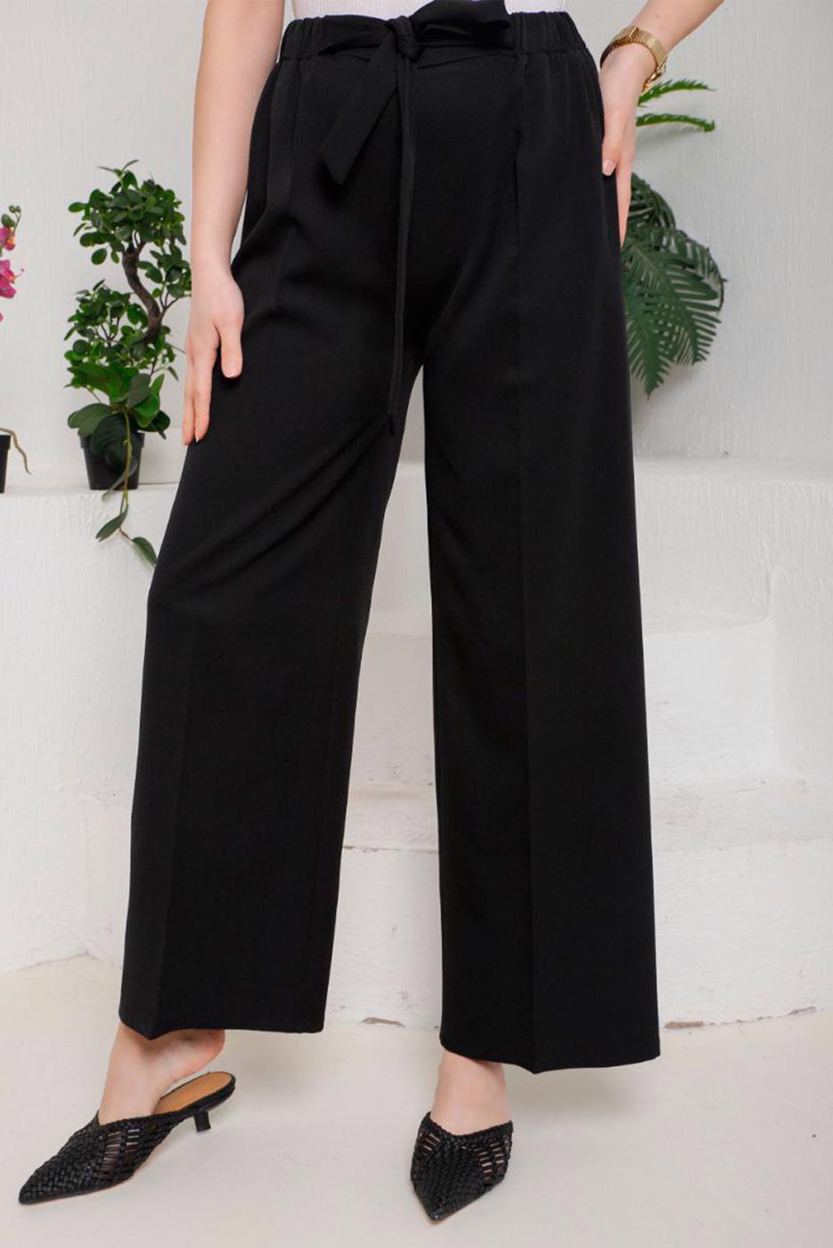 Tesettür giyim SİYAH BELİ BAĞLAMA DETAYLI KUMAŞ PANTOLON 5114 