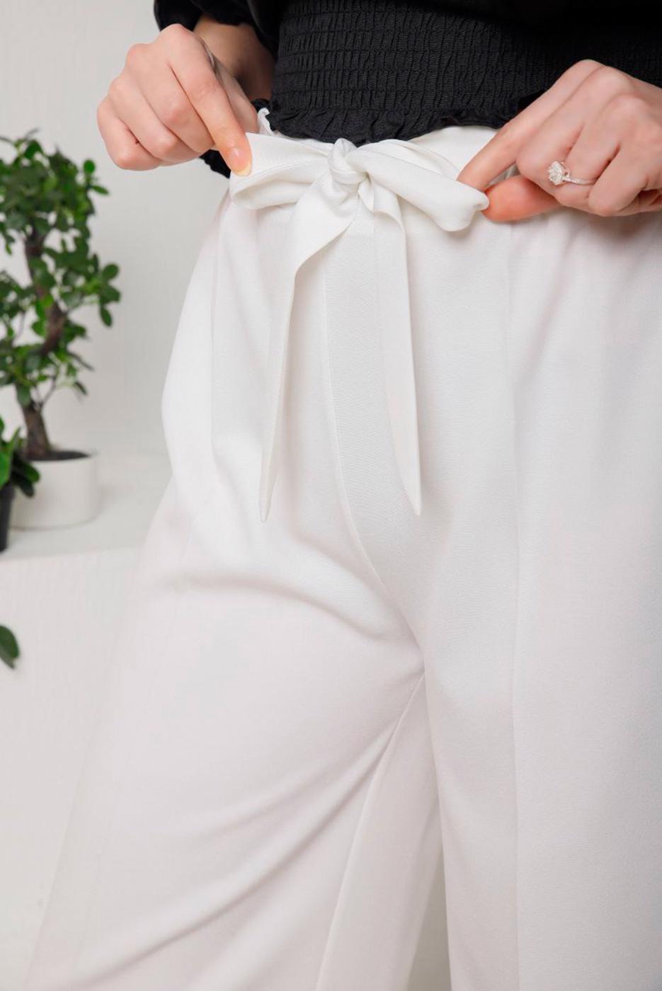 Tesettür giyim EKRU BELİ BAĞLAMA DETAYLI KUMAŞ PANTOLON 5114 