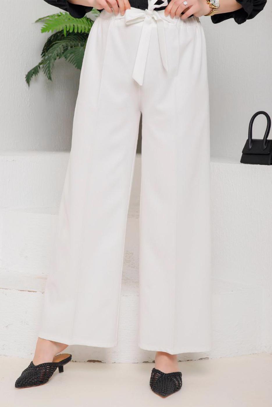 Tesettür giyim EKRU BELİ BAĞLAMA DETAYLI KUMAŞ PANTOLON 5114 