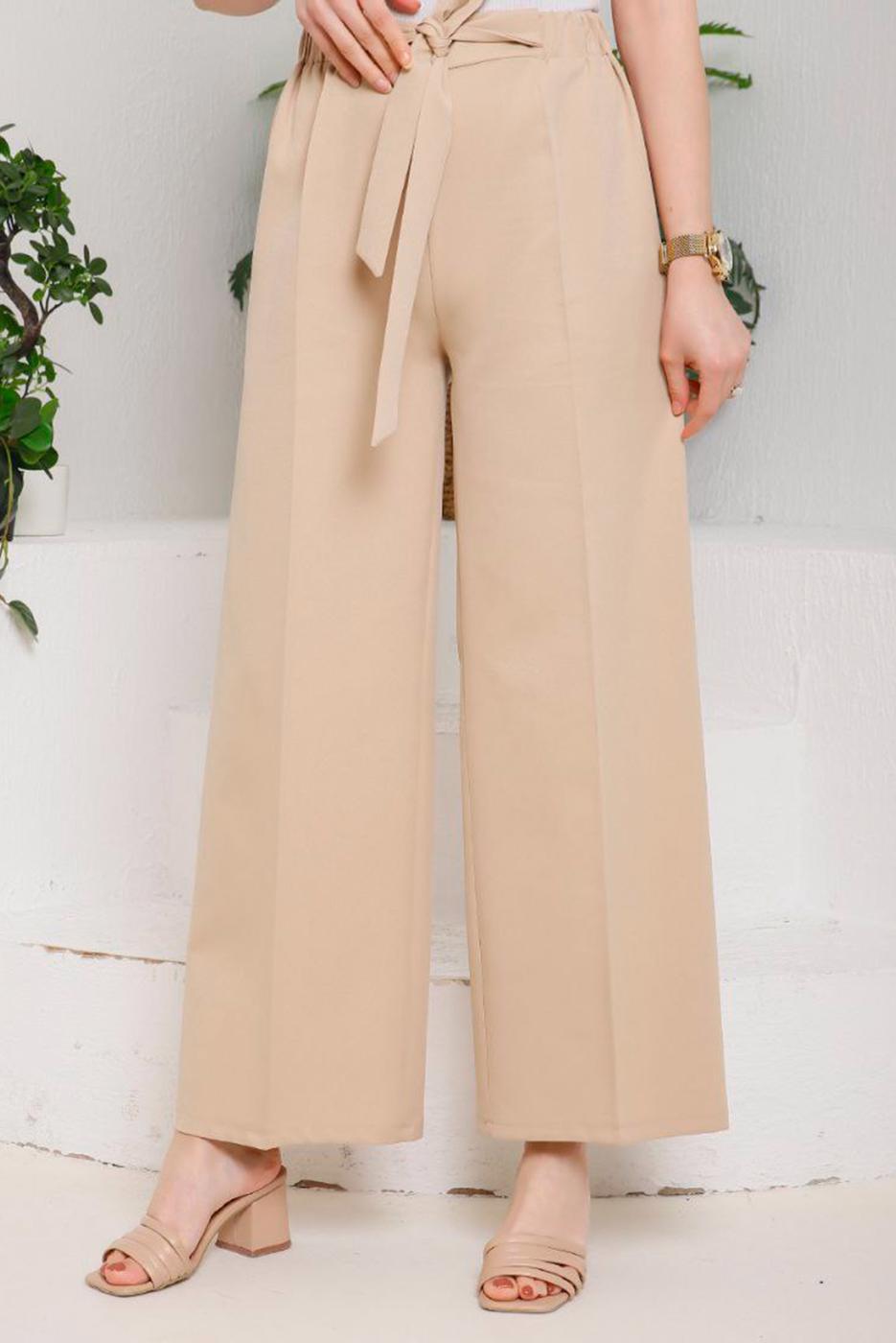 Tesettür giyim VİZON BELİ BAĞLAMA DETAYLI KUMAŞ PANTOLON 5114 