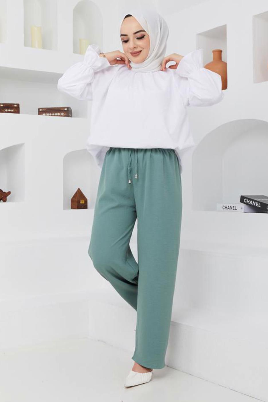 Tesettür giyim YEŞİL BELİ LASTİKLİ PANTOLON 51552 