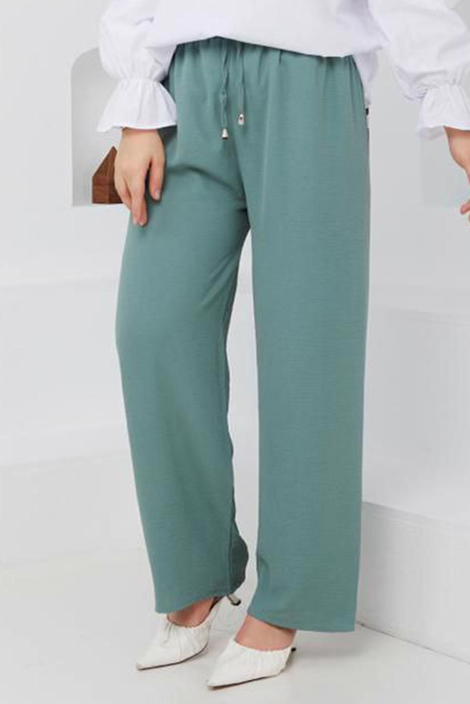 Tesettür giyim YEŞİL BELİ LASTİKLİ PANTOLON 51552 