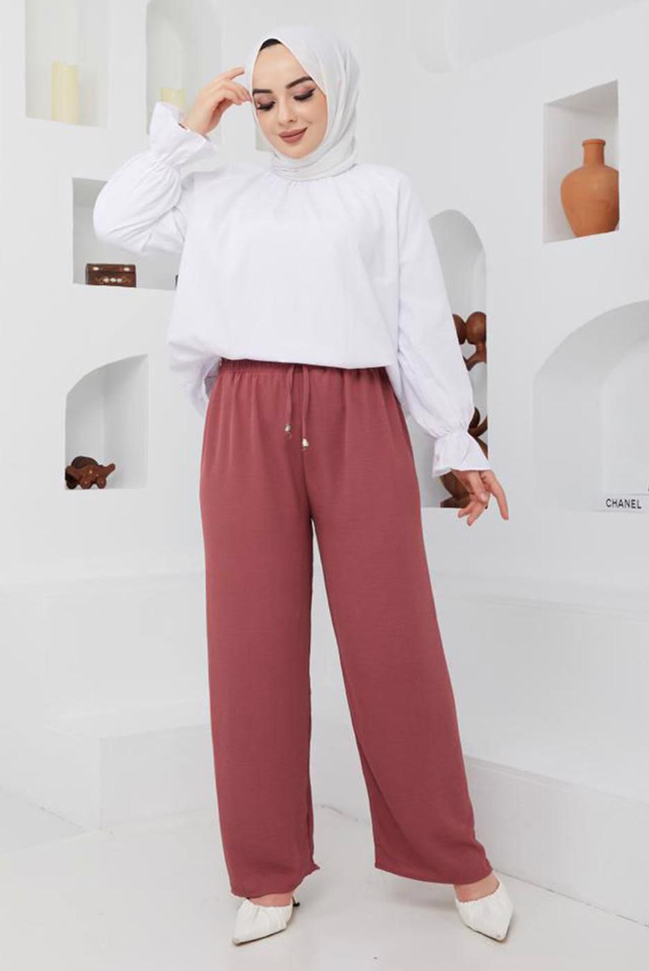 Tesettür giyim PEMBE BELİ LASTİKLİ PANTOLON 51552 