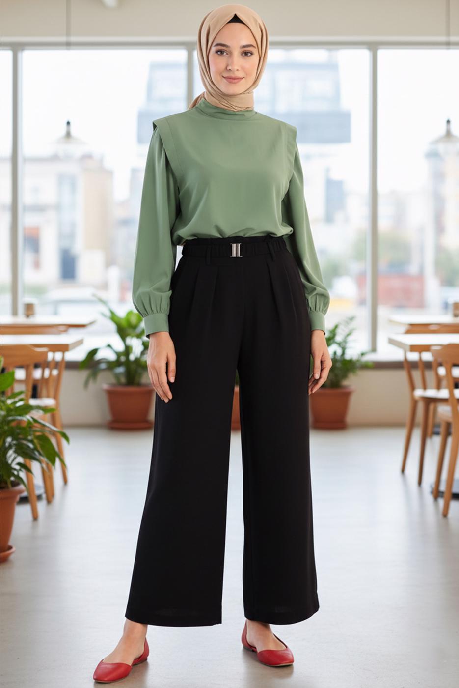 Tesettür giyim SİYAH KEMERLİ VİSKON PANTOLON 56007 