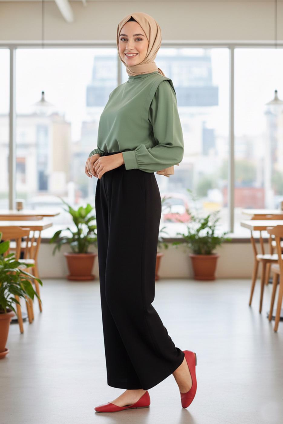 Tesettür giyim SİYAH KEMERLİ VİSKON PANTOLON 56007 