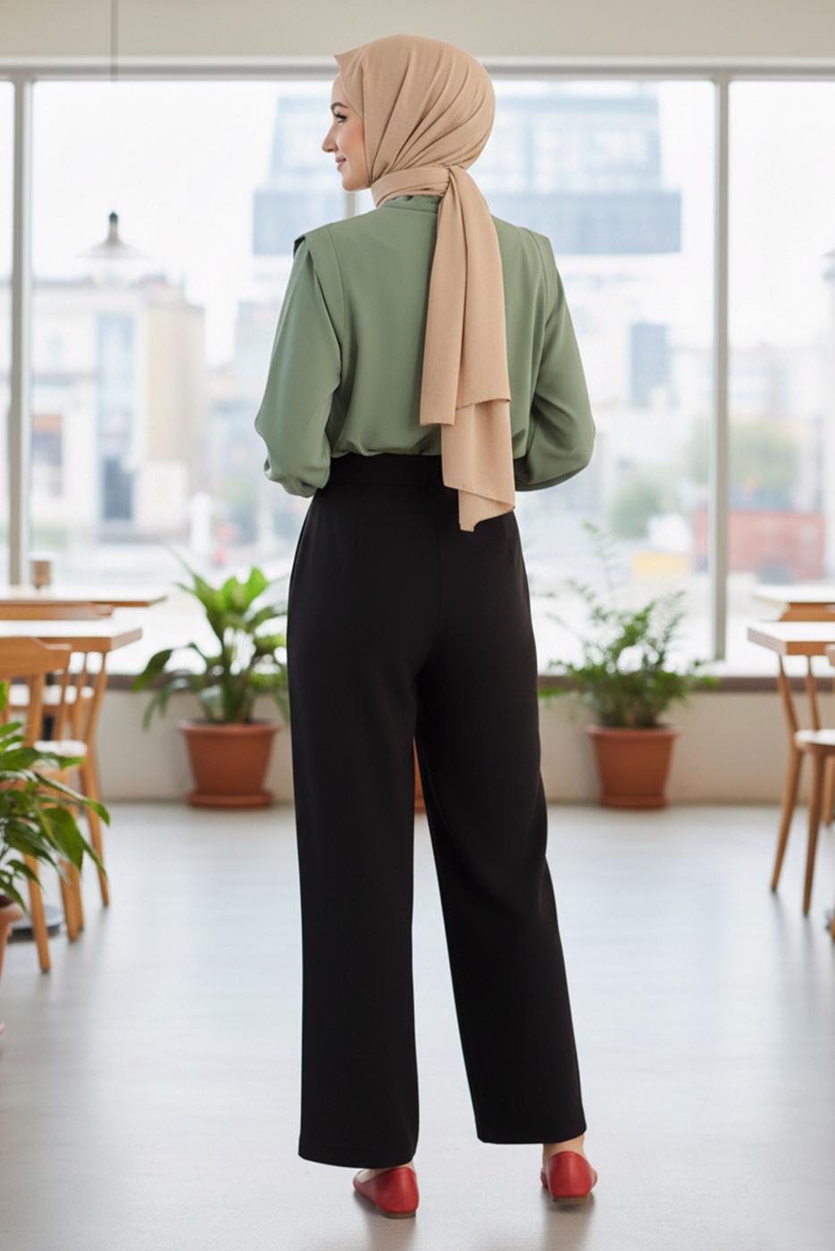 Tesettür giyim SİYAH KEMERLİ VİSKON PANTOLON 56007 