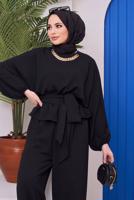Hijab clothing BLACK CHAIN DETAIL TIED WAIST 2-PIECE PANTS SUIT 73051