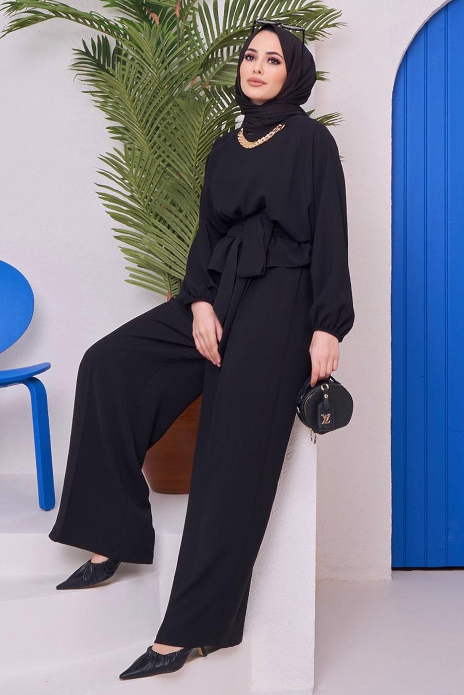 Hijab clothing BLACK CHAIN DETAIL TIED WAIST 2-PIECE PANTS SUIT 73051