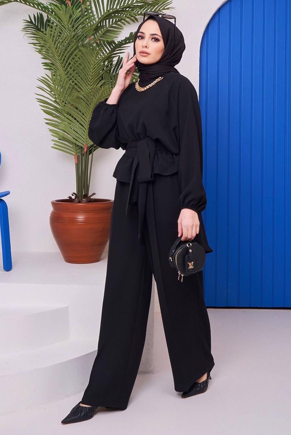 Hijab clothing BLACK CHAIN DETAIL TIED WAIST 2-PIECE PANTS SUIT 73051