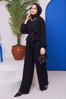 Hijab clothing BLACK CHAIN DETAIL TIED WAIST 2-PIECE PANTS SUIT 73051