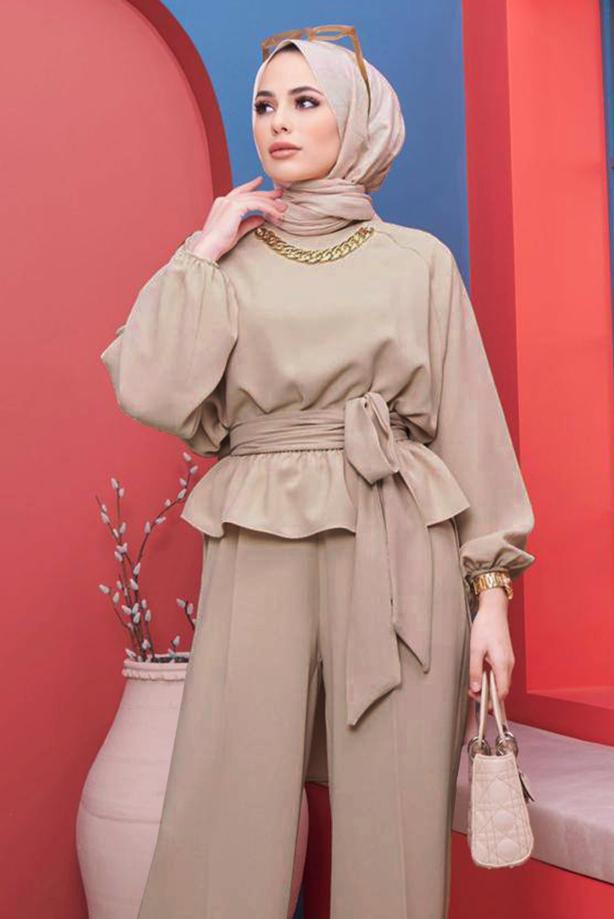 Vêtements hijab  CHAIN DETAIL TIED WAIST 2-PIECE PANTS SUIT 73051 - TRENDTESETTÜR